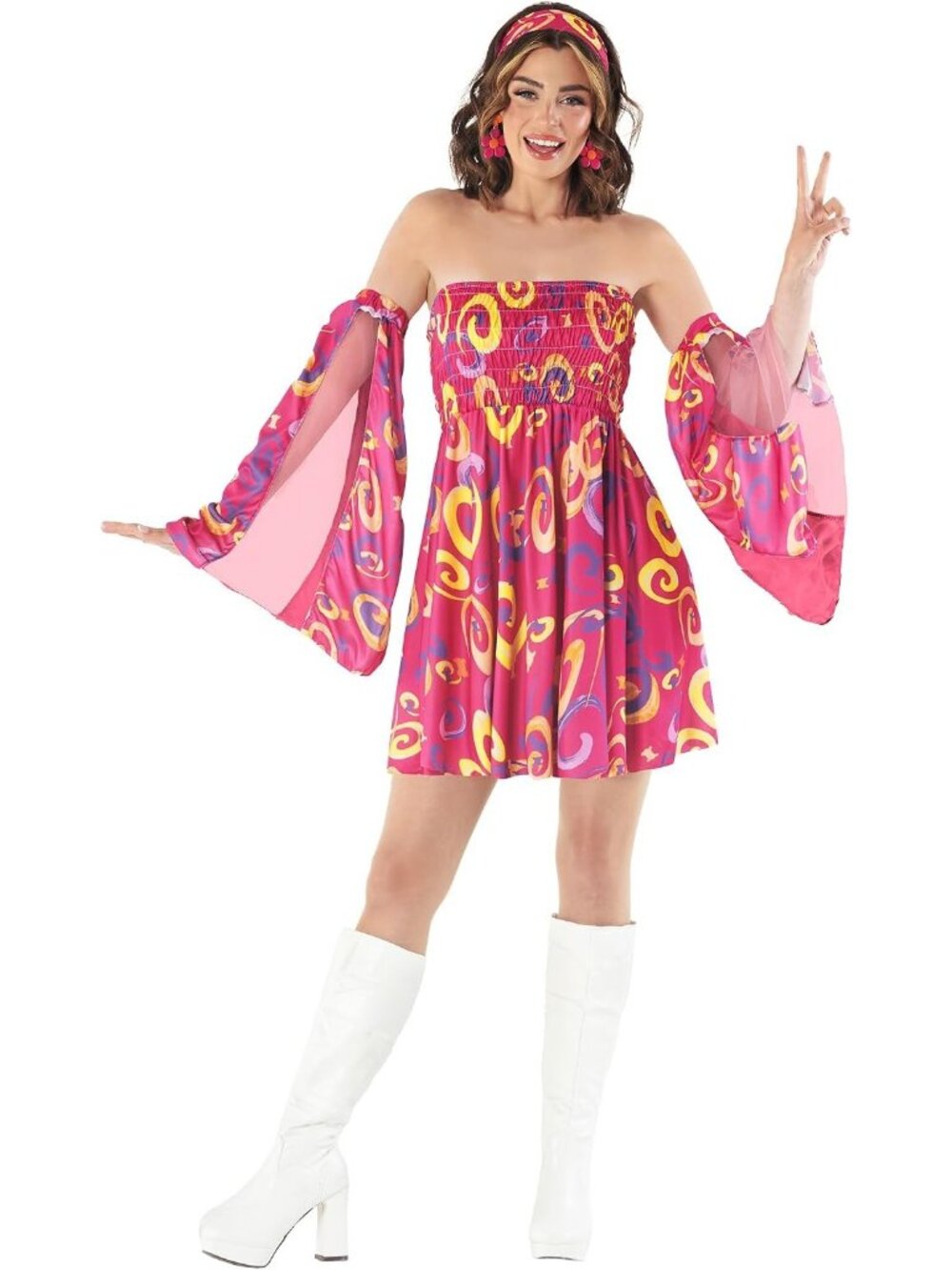 Women's Pink 70s Dress Halloween Costume with Detachable Arm Sleeve Stylish Mini - Picture 3 of 6